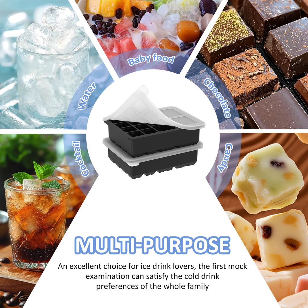2Pcs Silicone Ice Cube Tray with Lid Reusable Multi Size 13 Grid Square Ice Cube Mold for Freezer Whiskey Cocktail Ice Cube Tool