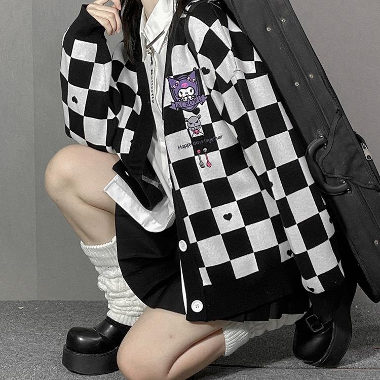Oversized Women Knitted Cardigan Checkerboard JK Sweater Jacket Autumn Top