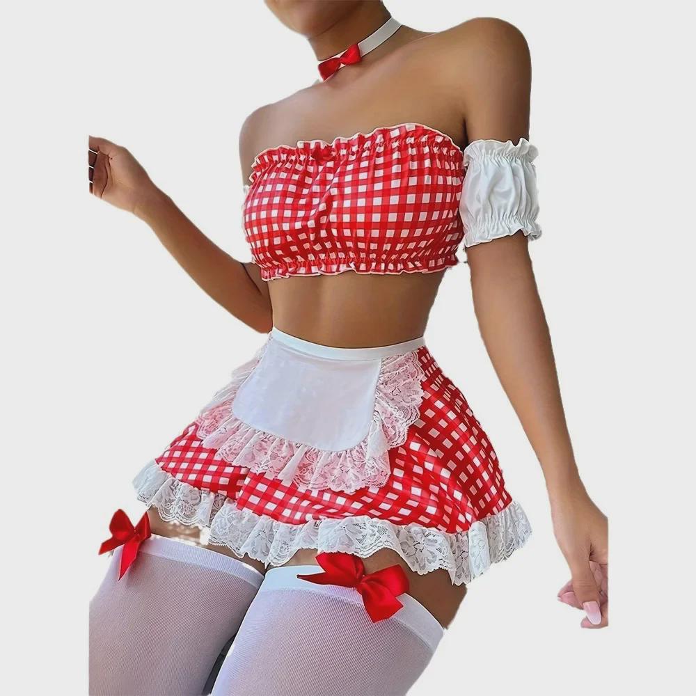 European & American Sexy Temptation Maid Lingerie 4-Piece Set