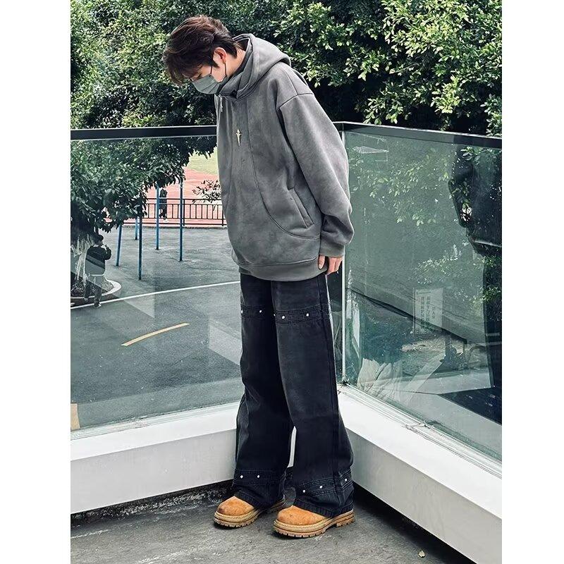 High Street Džínové Kalhoty pro muže, Retro Distressed, Volné Rovné Kalhoty, Široké Sportovní Kalhoty, Trendy