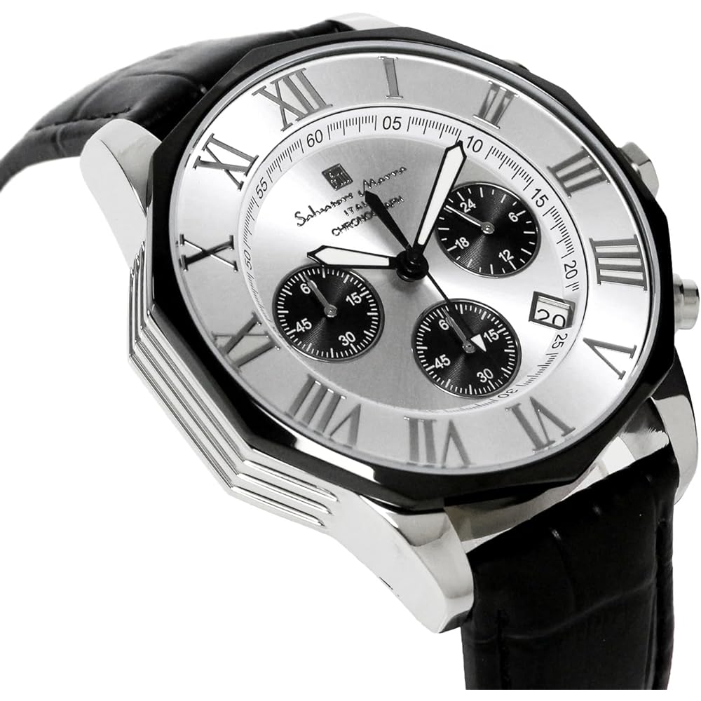 Salvatore Marra Chronograph Watch 10 ATM Water Resistant Men's Leather Strap Silver White Black Panda SM15104-SSWHBKLE