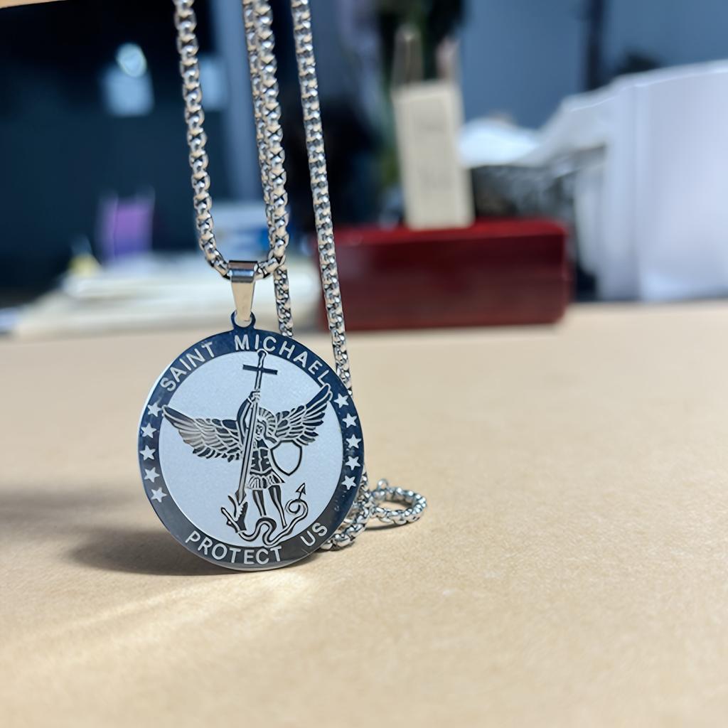 A Stainless Steel Necklace Pendant of Saint Michael the Archangel Suitable for Men and Women To Wear Everyday
