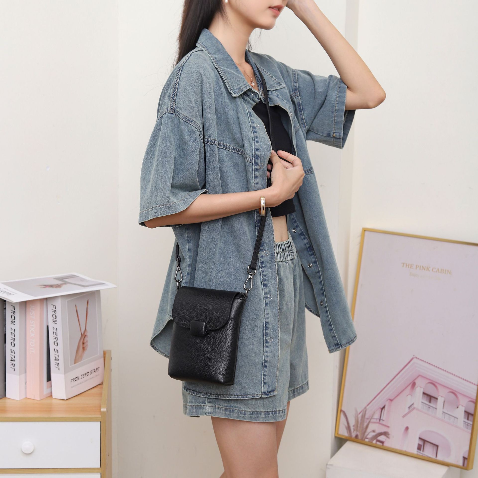 Женская сумка через плечо из коровьей кожи, женская сумка-мессенджер из кожи, практичная универсальная сумка, кожаная сумка для мобильного телефона чёрный