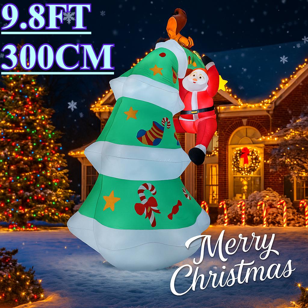 9.8FT Xmas Holiday Inflatable Yard Decor LED Christmas Tree Santa Climber Lawn Garden Toy Supplies Home Decor Ornaments Gifts