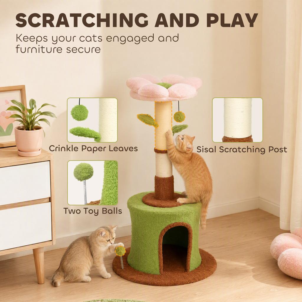 Cat Tree for Indoor Kittens, 88cm Flower Cat Tower with Condo & Bed, Scratching Post, 2 Toy Balls and 2 Crinkle Leaves