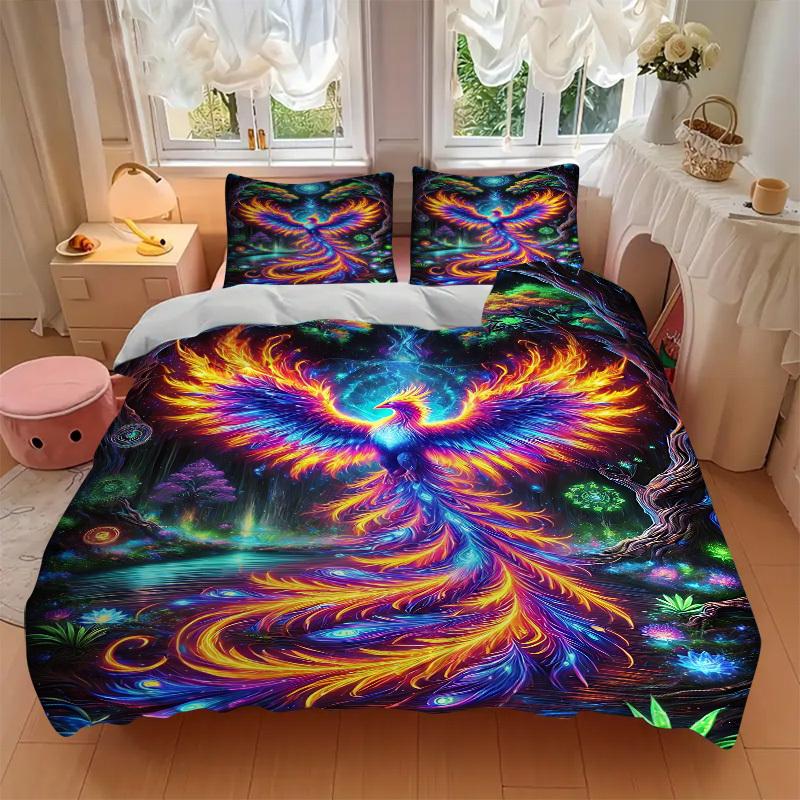 3PCs Psychedelic Phoenix Design Cover Set, Breathable Fabric, Machine Washable (1 Duvet Cover + 2 Pillowcases) (Without Quilt) yy250911176