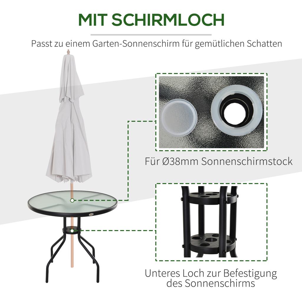 80 cm Schwarzer Runder Garten-Esstisch, Outdoor Kaffee Bistro Beistelltisch mit gehärteter Glasplatte und Stahlrahmen für Terrasse, Veranda