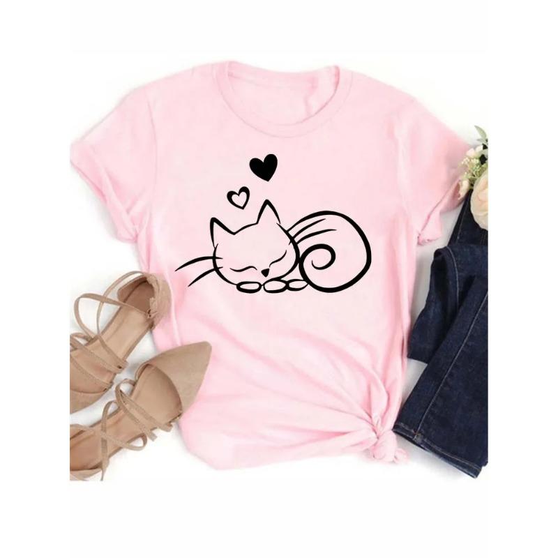 New Cute Love Heart Cat 3D Print Women T-Shirt Casual Summer Women's Clothing Cartoon T-Shirts