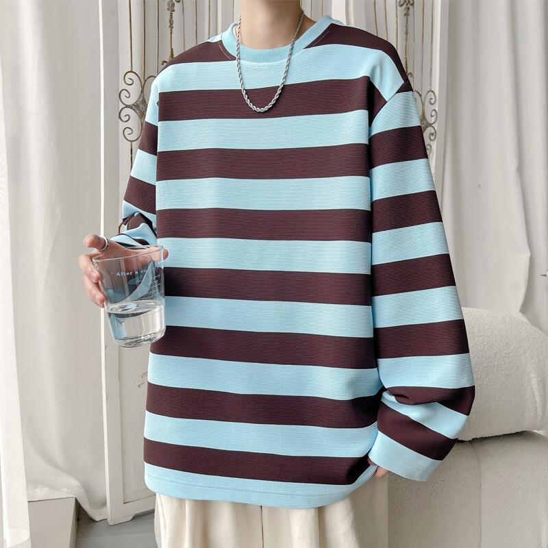 

2025 Весна-Осінь Футболки з довгим рукавом Чоловічі повсякденні футболки з круглим вирізом Чоловічі футболки в смужку Чоловічі футболки XL синій