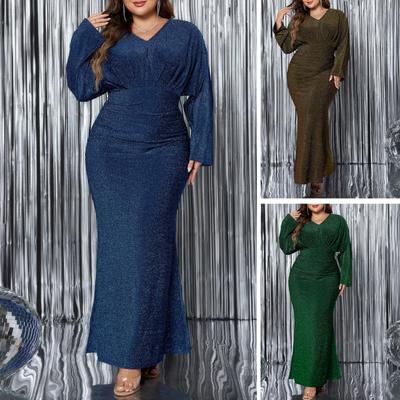 Vestido de Noite Feminino Plus Size Decote V Manga Longa Cintura Alta Justo Longo Cor Sólida Brilhante Vestido Rabo de Peixe