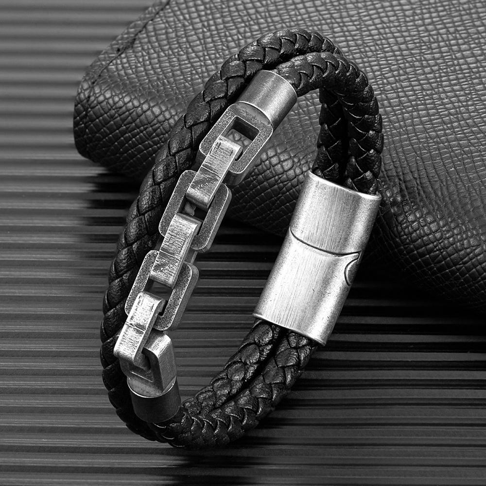 Retro Locomotive Men Punk Rock Bicycle Chain Double Strand Leather Bracelet Stainless Steel Magnet Buckle
