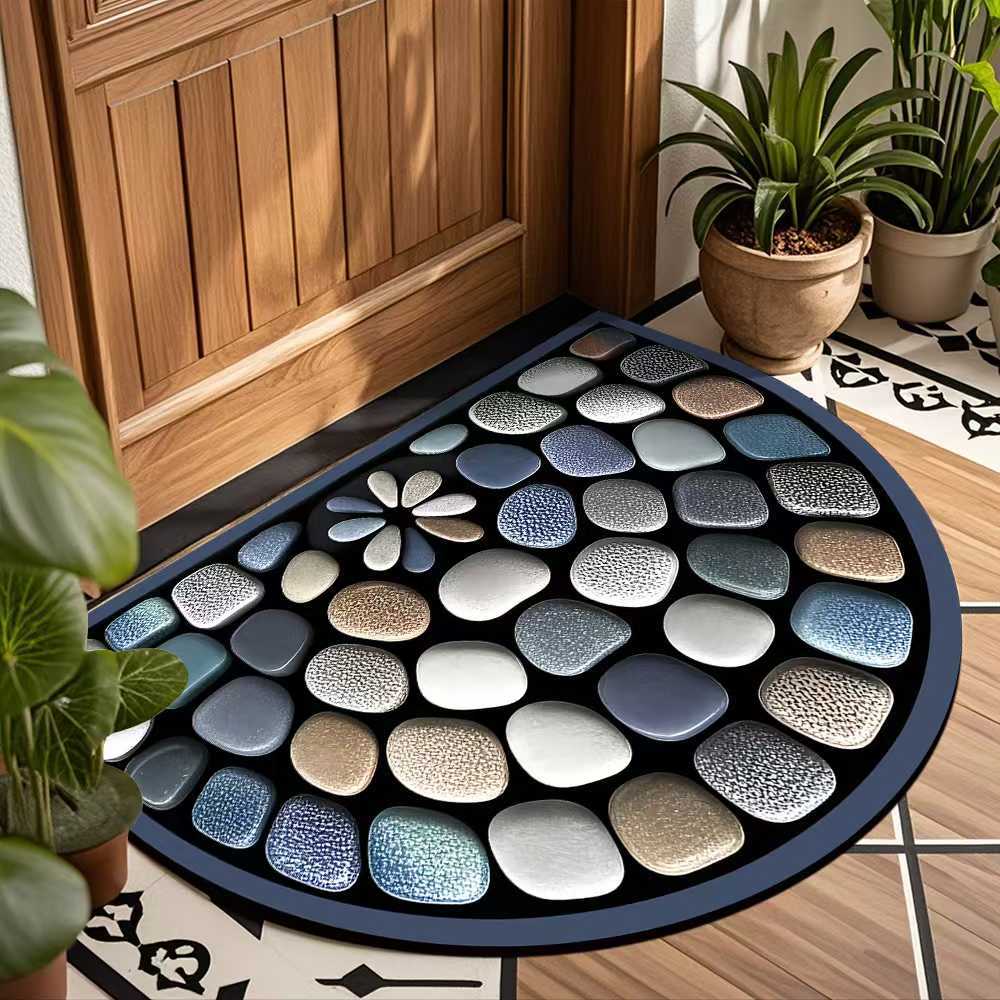 Retro Semi-circular Floor Mat, Entrance Foyer Carpet, Dirt-resistant and Easy-to-maintain Crystal Velvet Floor Mat