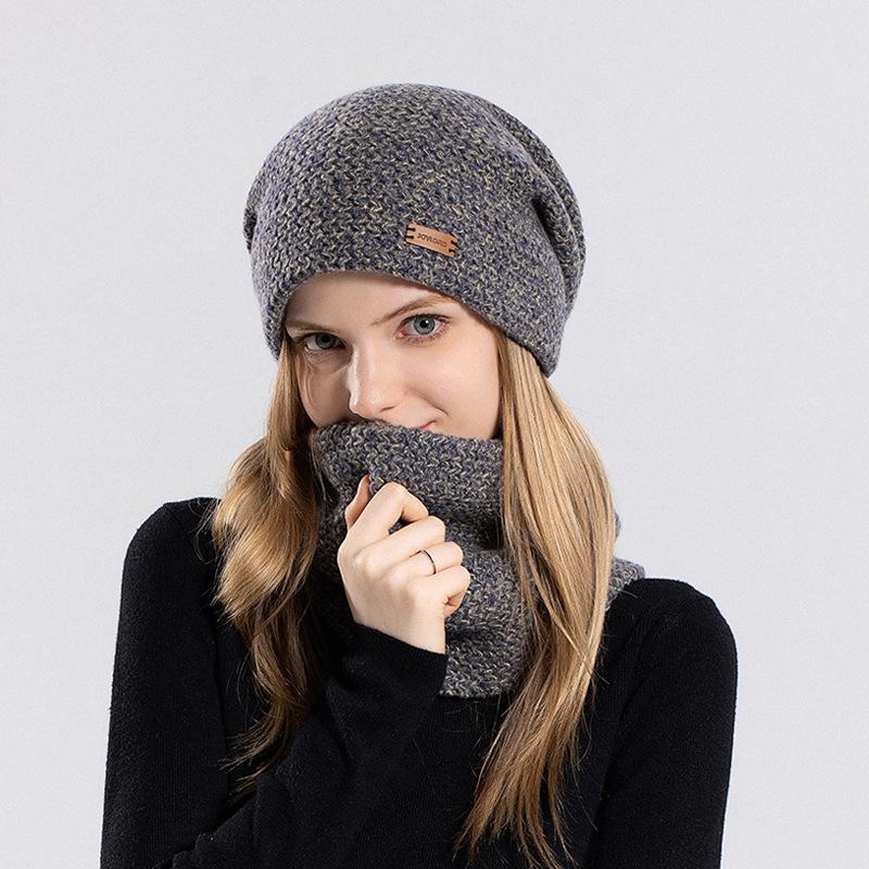 Women's Knitted Hat Winter European and American Warm Hat Scarf Set Fleece Ear Protector Pullover Wool Hat