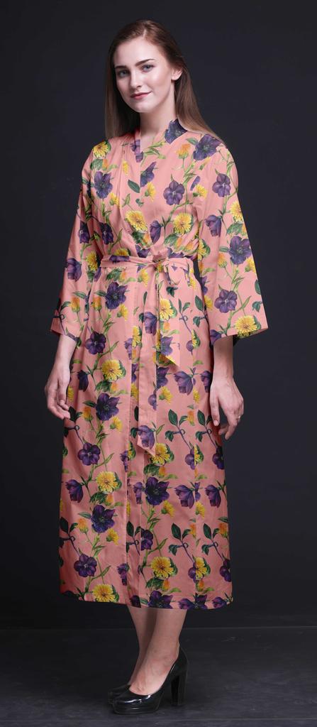 Bimba Light Purple Floral Leaves & Tazetta Daffodils Long Robes For Women Printed Bride Getting Ready Bridesmaid Robes Cotton Bathrobes