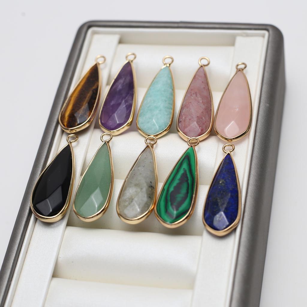 3Pcs, Faceted Natural Stone Crystal Lapis Lazuli Amethyst Gemstone Pendant, Boho Handmade Long Water Drop Charms for Jewelry Making DIY Crafts 13×35mm