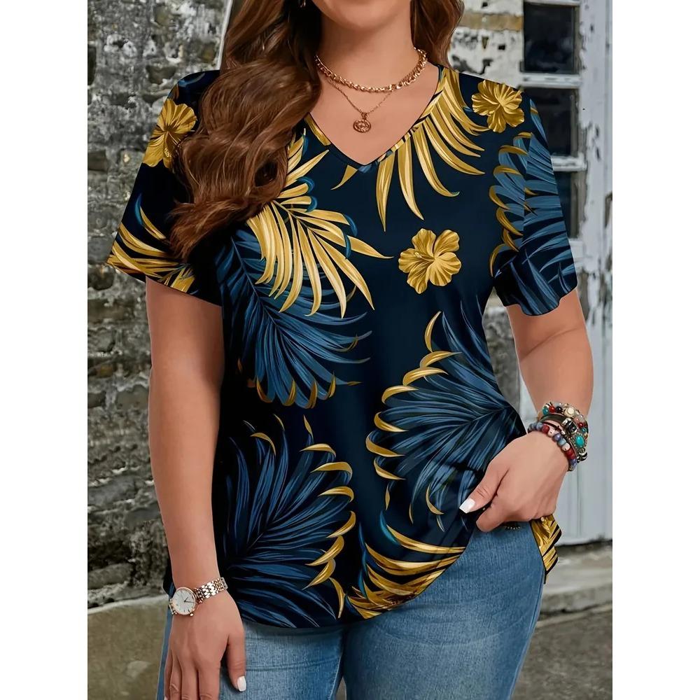 Summer V-neck Flower Pattern 3D Printed Top Fashionable Casual Short Sleeved Plus Size Women's T-shirts
