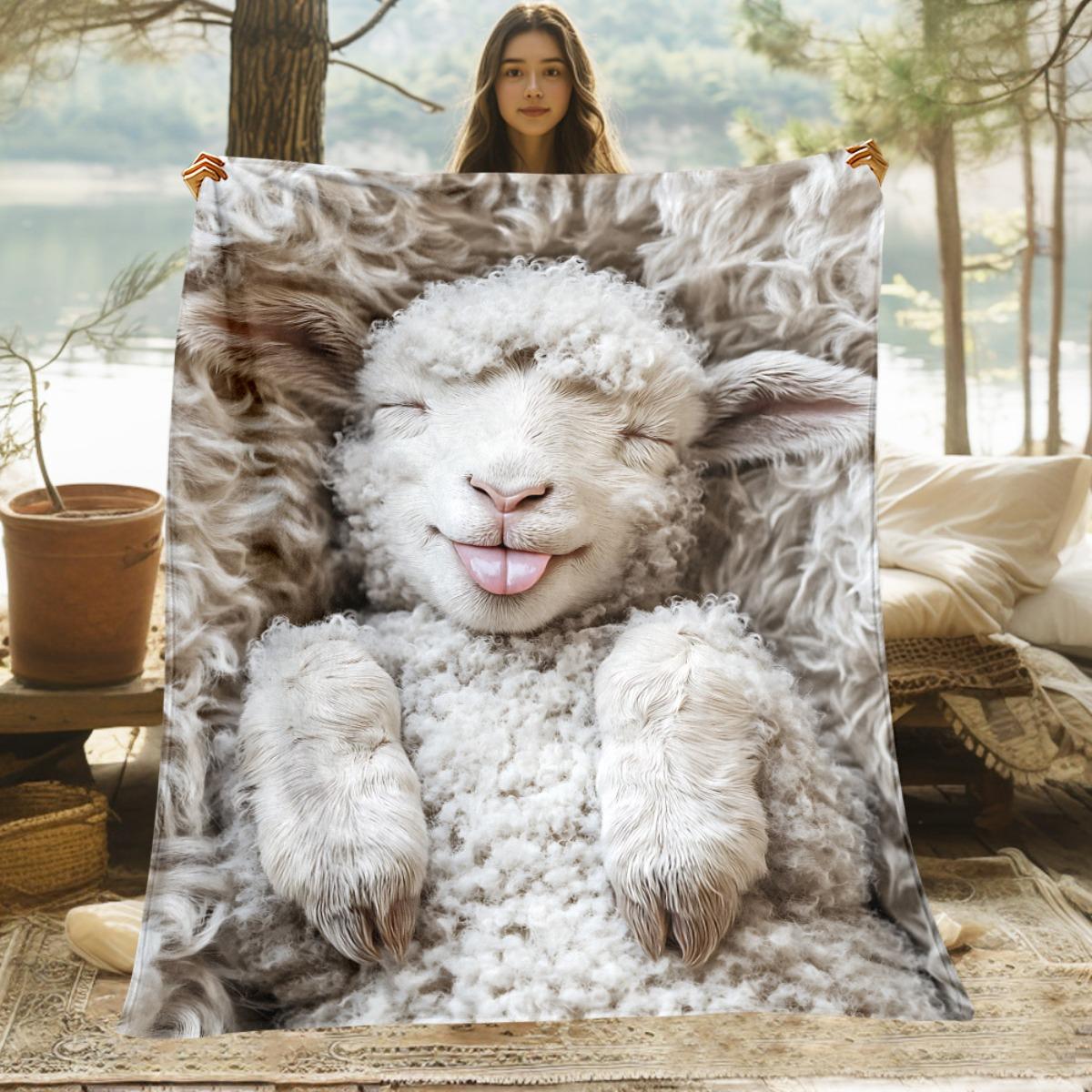 Cute Tongue Out Sheep Print Throw Blanket, Soft Lightweight Warm Digital Print Blanket for Bed Sofa Couch Office Camping, 1PC 75X95CM