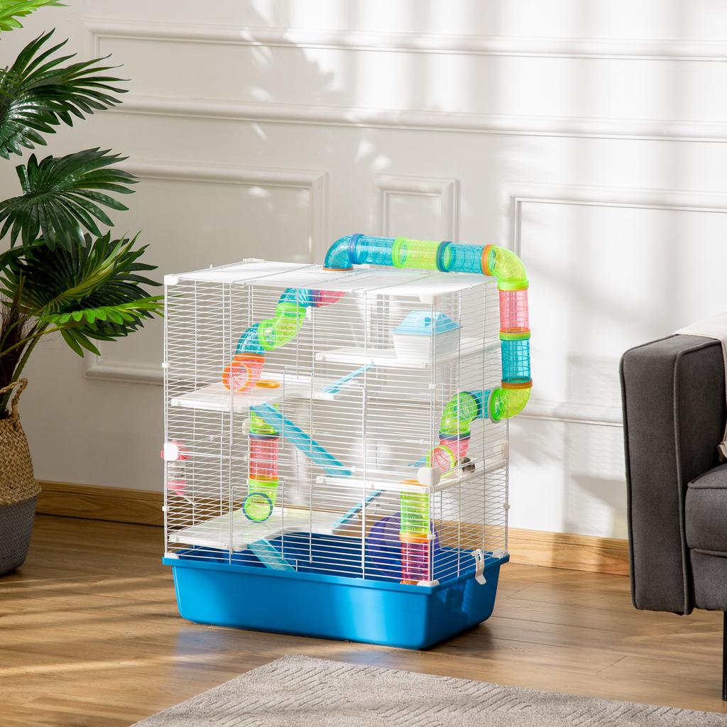 5-Tier Hamster Cage with Tubes, House, Tank and Wheel, Made of Steel, PP and PS, 59x36x69 Cm, Blue and White