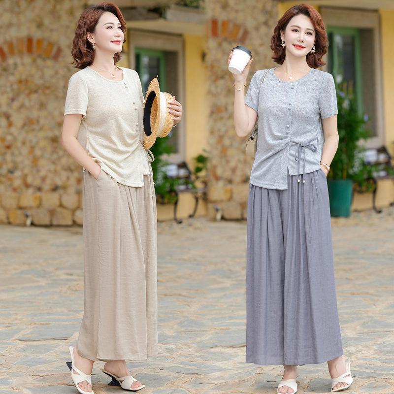 Elegant Summer Suit Set for Middle-Aged Women: Short Sleeve Top & Wide-Leg Pants