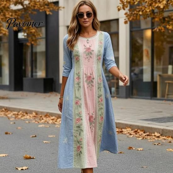 Fashionable Vacation Dresses for Ladies Long Sleeve Floral Dress, Women Cottagecore Waist Cinching Casual Autumn with Sleeves Midi Dress Street Party