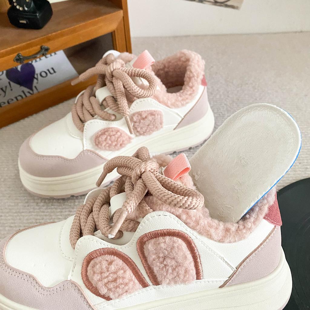 B2107 sammetskaninöron nisch tjock basplatta skor dam vinter varm små vita skor 2024 nya brädskor