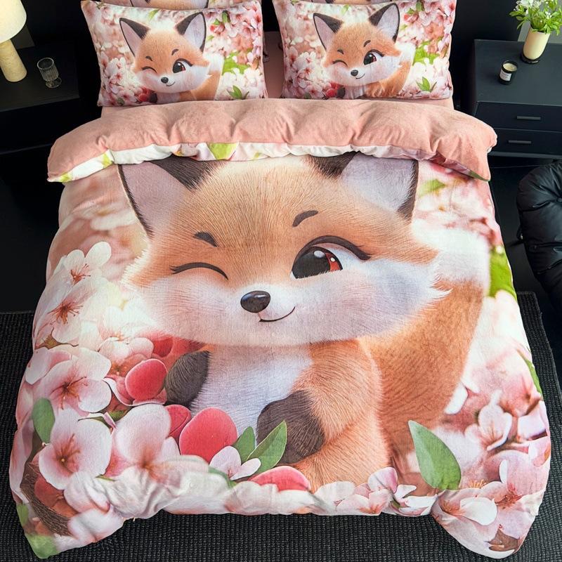 Milk Fleece Four-Piece Set, Large Version Digital Printing Cute Cartoon Single Double Quilt Cover, Bed Hat Three-Piece Set