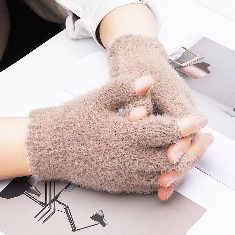 Simple plush gloves women's winter warm finger gloves solid color half finger uncovered student writing flat gloves