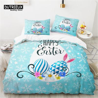 Parure de lit Œufs de Pâques Taille King Queen Housse de couette Lapin de dessin animé avec taie d'oreiller pour enfants adultes comme salutations et cadeaux