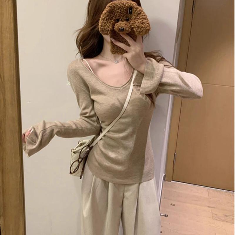

Korean Style Simple V-neck Collarbone Flared Sleeve Knit Long Sleeve T-shirt Women s Autumn Winter Hot Girl Slim Fit Solid Color Base Layer Top XL бежевий