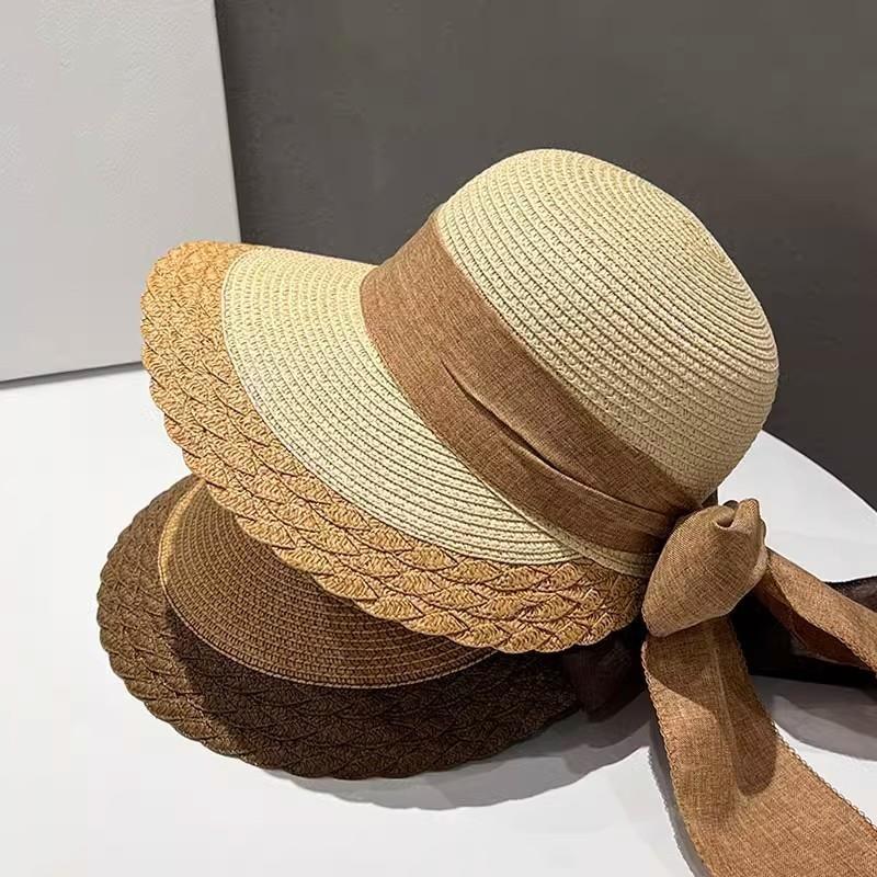 Summer Women Large Bow Straw Hat Portable Foldable Holiday Beach Sun Visors Hand WovenSolid Color Female Sunshade Bonnet Cap