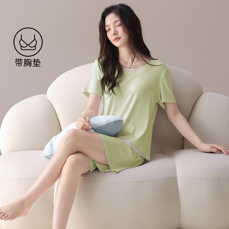 Pajamas with Chest Pads Women's 1011 New Summer Modal Short-sleeved Small Ice Silk Cotton and Silk Integrated Loungewear