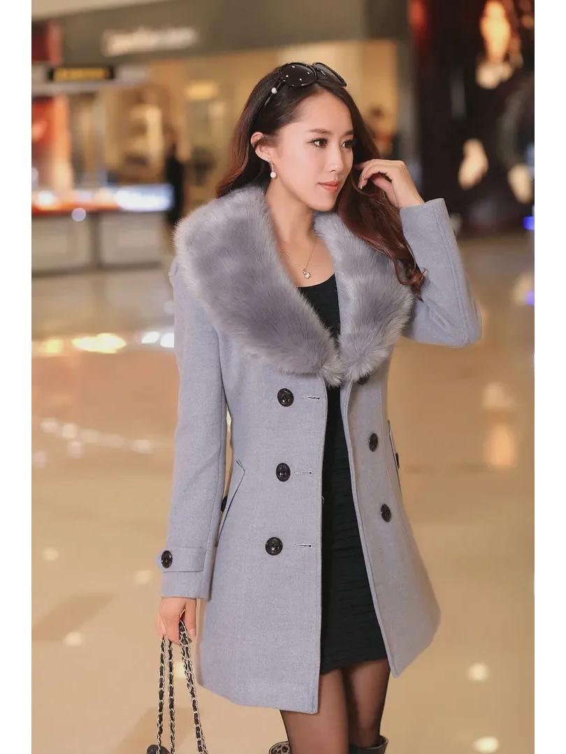 

Женское двубортное шерстяное пальто в корейском стиле с меховым воротником