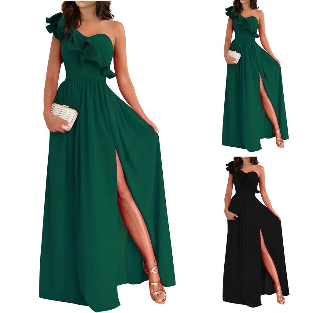 Women One Shoulder Sleeveless Maxi Dress with Side Slit and Ruffle Detail Elegant Evening Gown for Casual and Formal Occasions