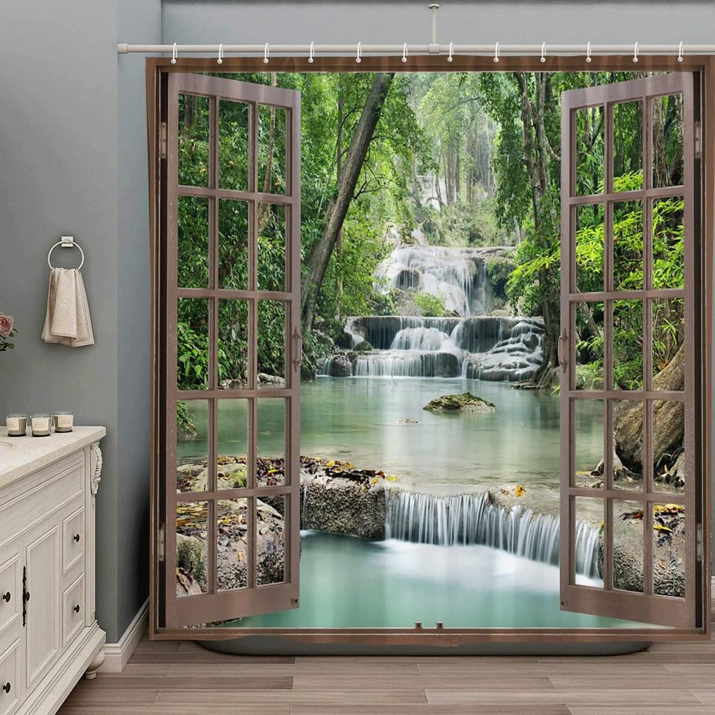 Forest Waterfall Shower Curtain Spring Nature Scenic Green Tree Tropical Jungle Rainforest River Stone Landscape Fabric Bathroom