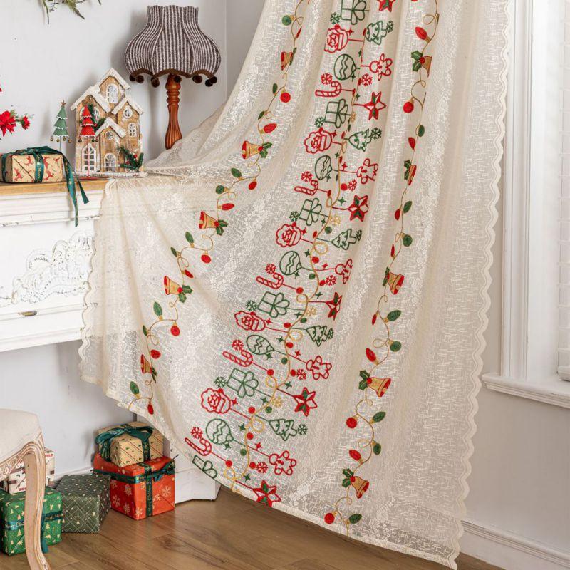 2pcs Christmas Embroidery Curtains Translucent Lace Curtains Rod Through Curtain