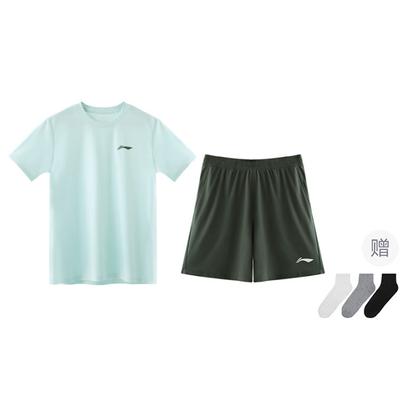 Li Ning Einfarbig Rundhals Vielseitig Atmungsaktiv Kurzarm T-Shirt Und Mid Waist Shorts Lässiges Sportset Herren Sets YATU077-6