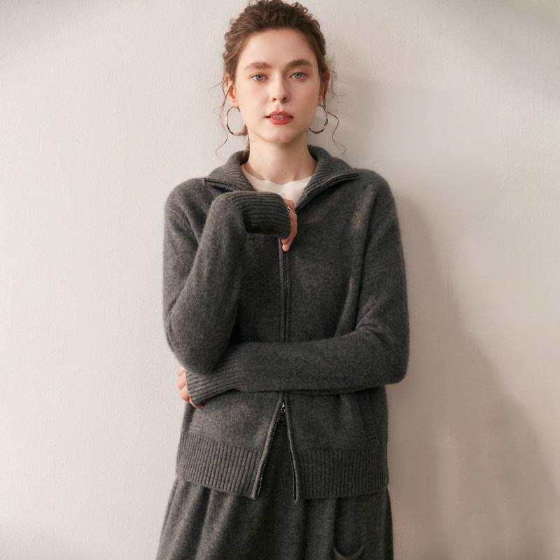 2025 A/W Women's Double-Layer Cashmere Stand Collar Cardigan Sweater with Zippers and Pockets
