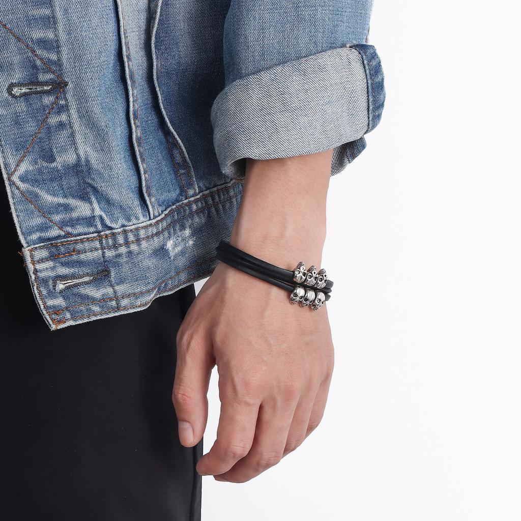 New Style Skull Bracelet for Men Multilayer Leather Cuff Zinc Alloy Jewelry Trendy Fashion