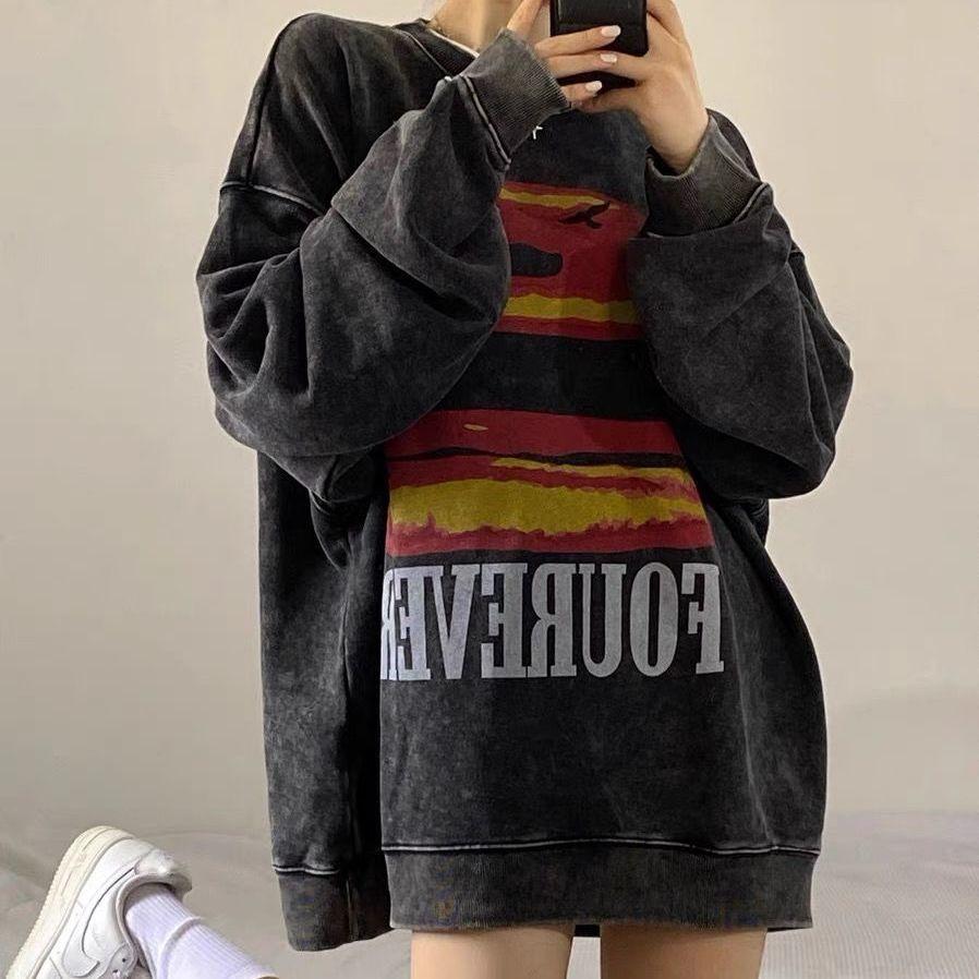 Vintage Distressed Sweatshirts Fleece Women Hip Hop Streetwear O-Neck Loose Long Sleeve Print Graphic Hoodie Autumn Winter