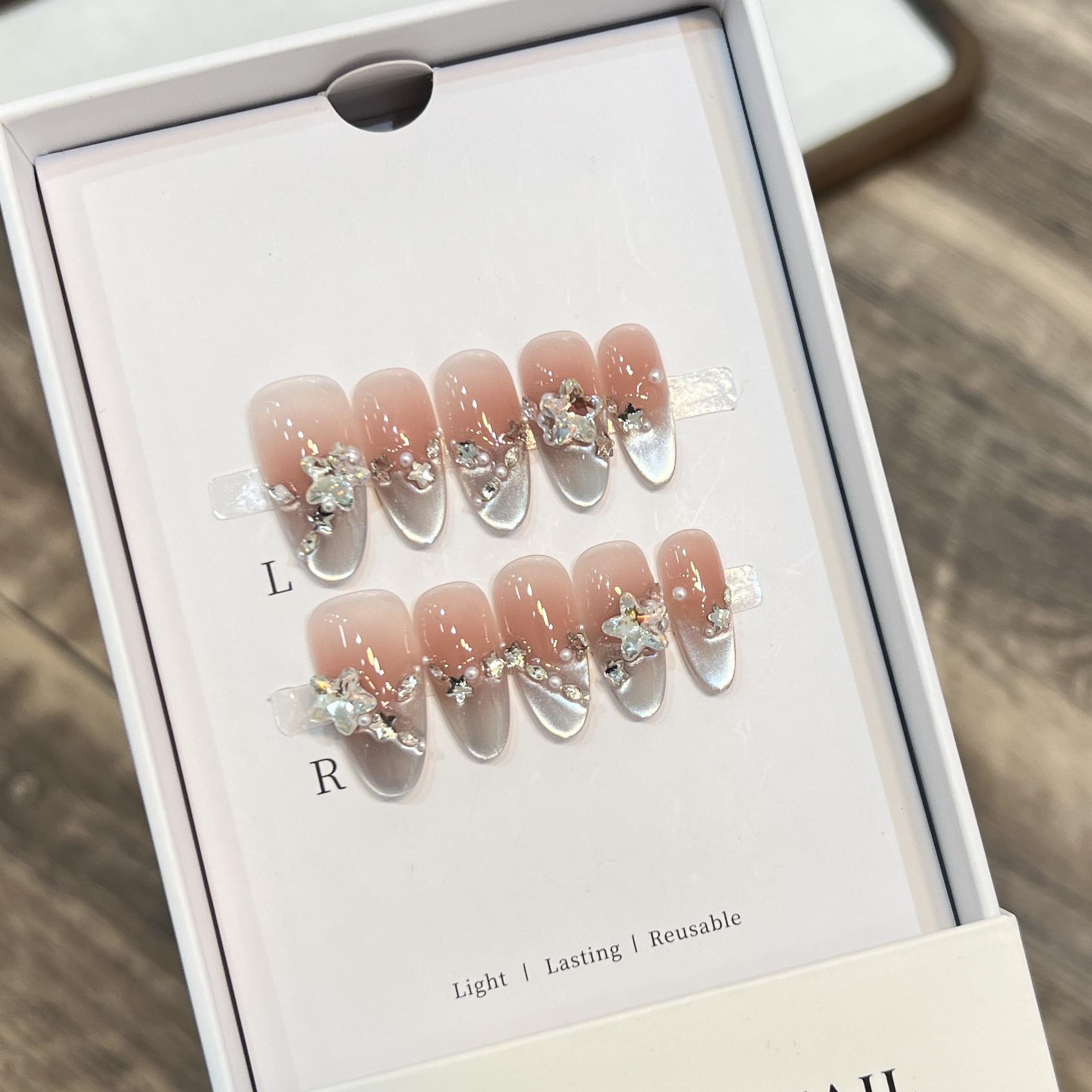 

Starburst Rouge Summer Nails: Handmade Nude Blush Cat Eye French with Starlight Diamond Flash Medium