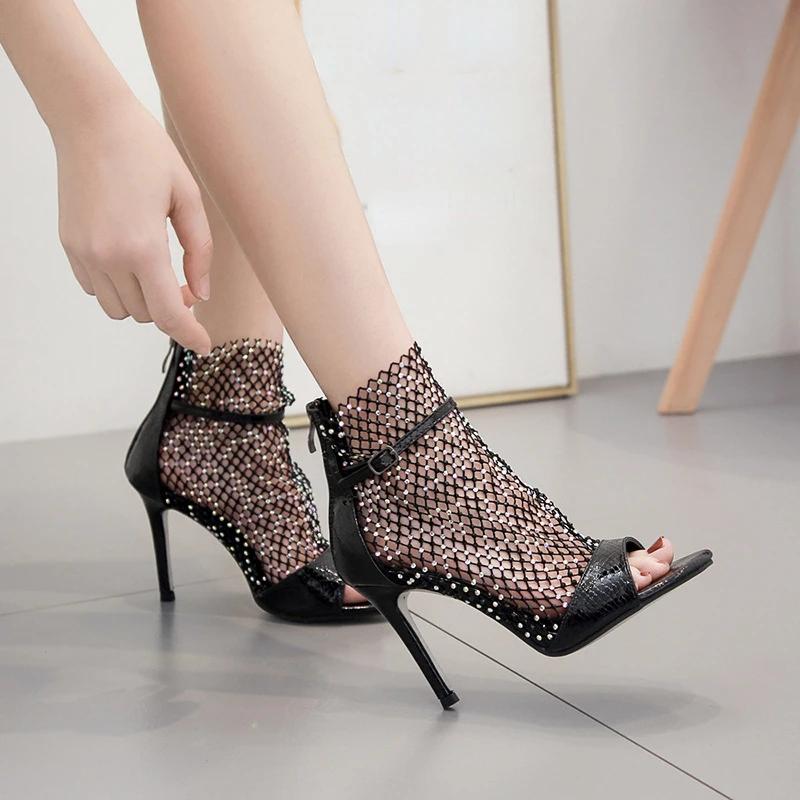 Fashion Hollow Mesh Sandals Woman Shoe Hasp Fish Mouth Stiletto Girls High Heels Casual Party Dance Women's Sandals Shoes