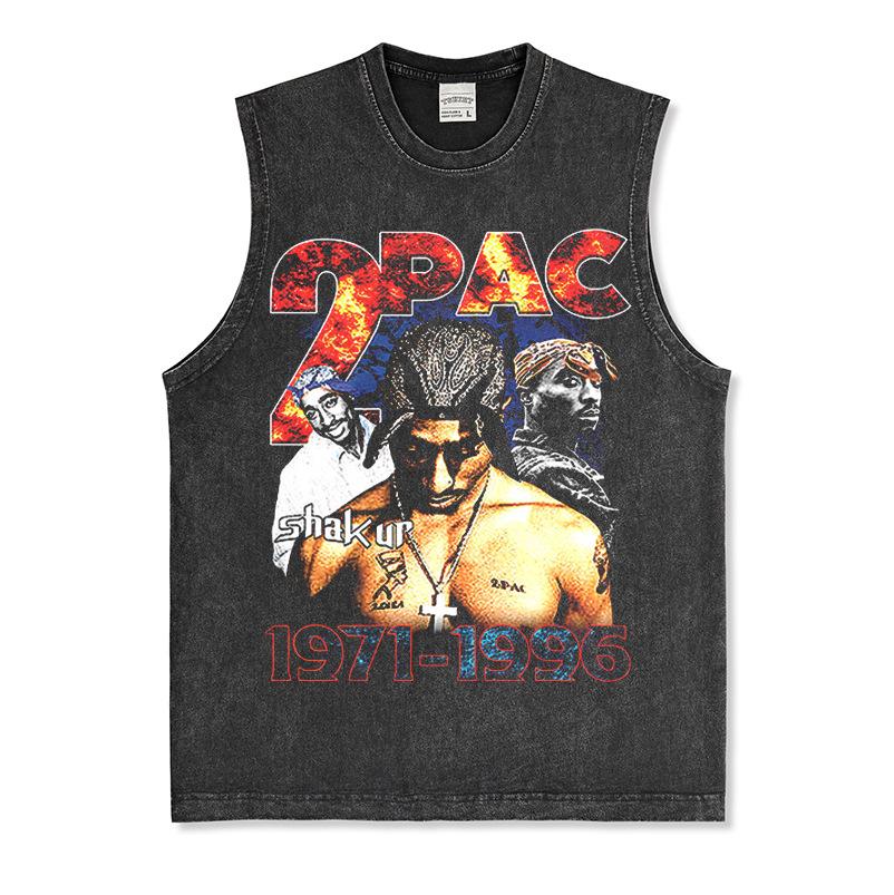 Canotta Senza Maniche Tupac Grafica Retro High Street Cotone Pesante