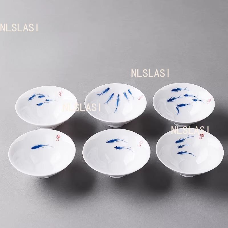6pcs 30ml Ceramic Tea Cup Set Hand Drawn Small Fish Hat Cup Jingdezhen Blue and White Tea Cup Chinese Style Drinking Utensils