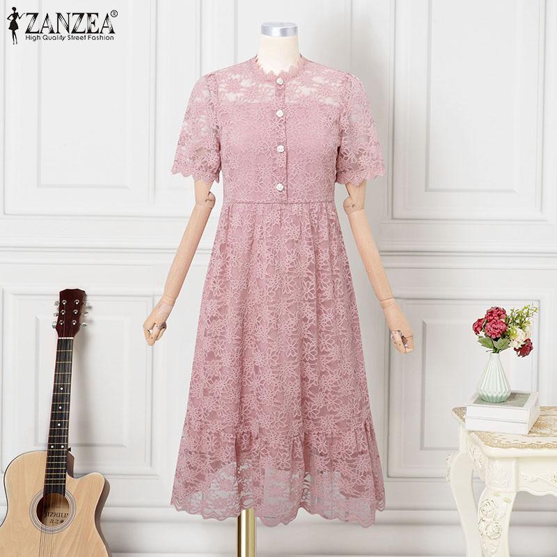 ZANZEA Women Casual Round Neck Short Sleeve Elegant Lace Patchwork Dress