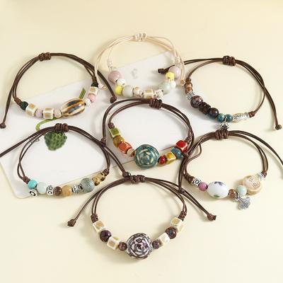Ceramic Bracelet A Stylish, Vintage Ethnic-style Handmade Woven Bracelet with String Beads.