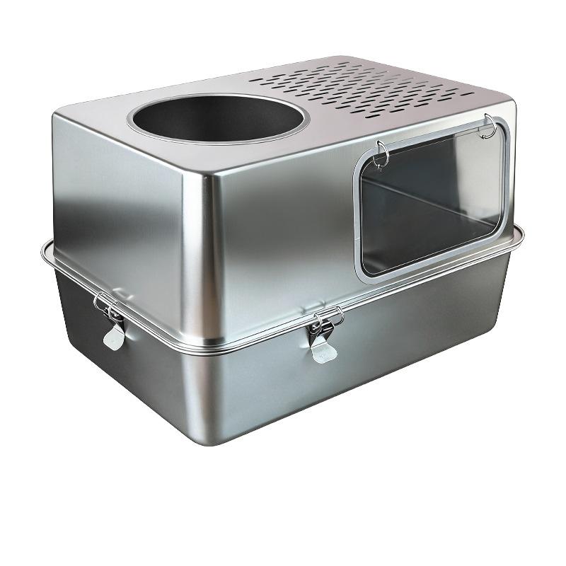 Stainless Steel Cat Litter Box Fully Enclosed Anti-Splash Cats Toilet Metal Kitty Washroom Rustproof High Sided Cat Bedpans