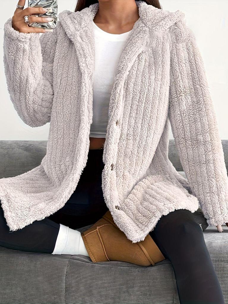 Cappotto di Peluche Morbido da Donna Autunno/Inverno 2025 Europa, Colore Unito, Manica Lunga, con Cappuccio, Vestibilità Larga