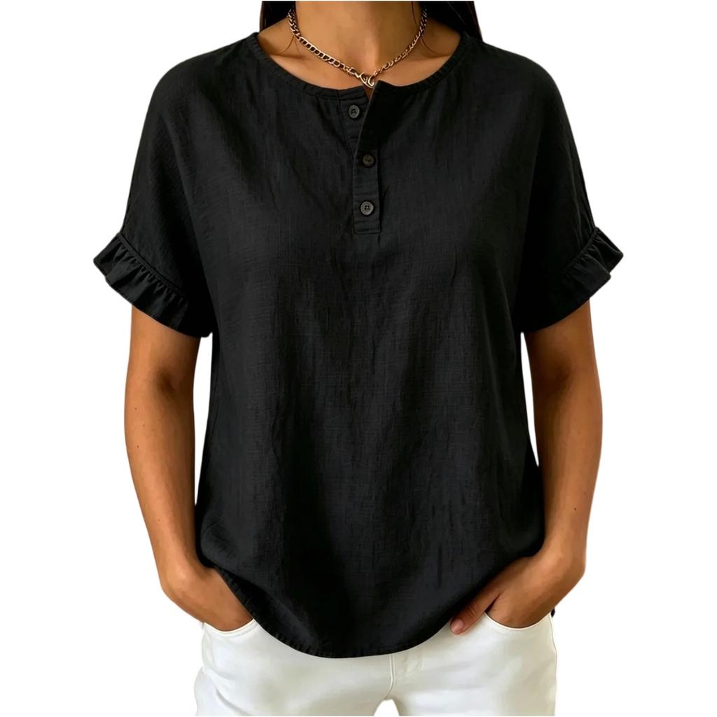 Women Loose Fit Short Sleeve Blouse Ruffle Trim Button Front Top Casual Lightweight Summer Shirt
