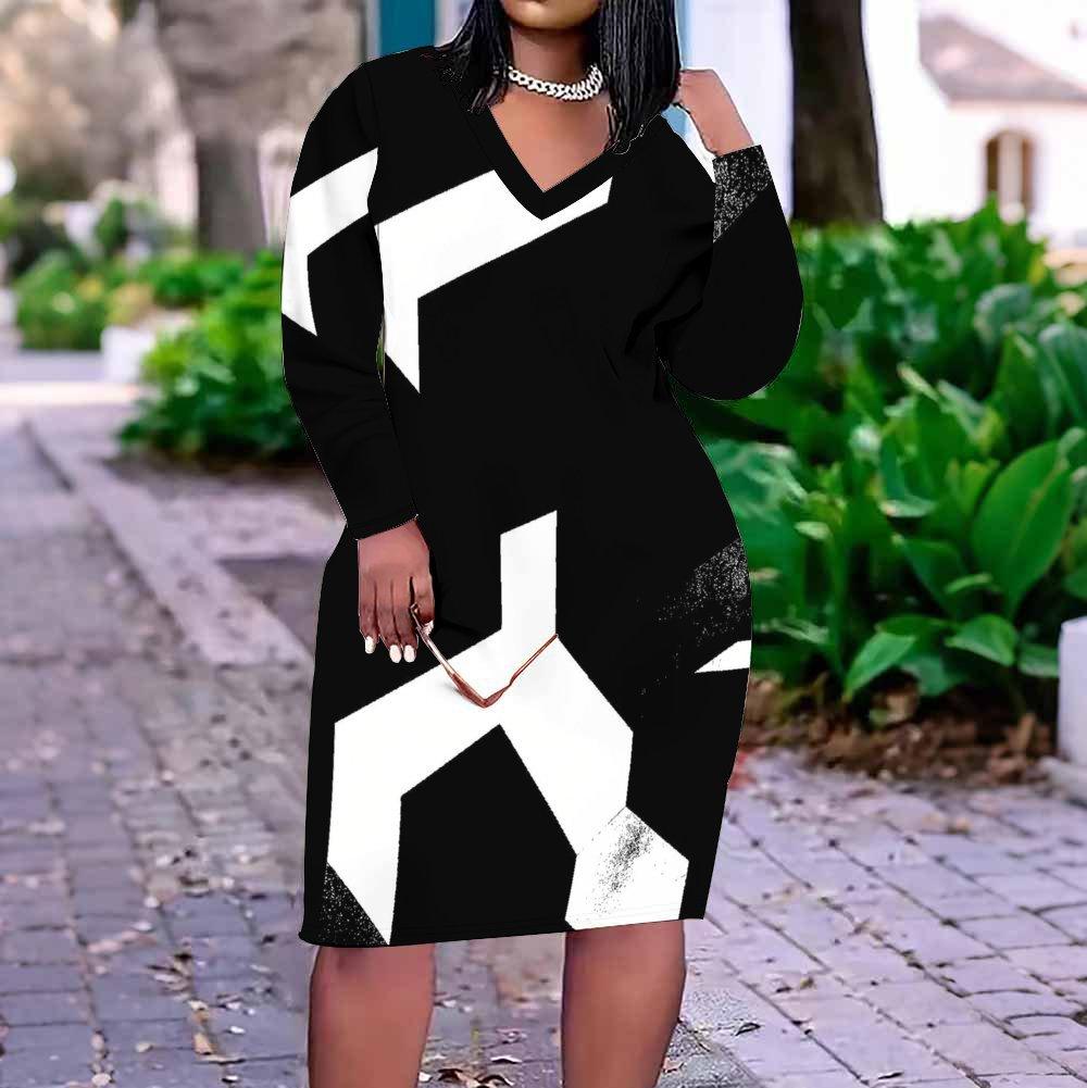Women Plus Size V Neck Long Sleeve Black White Geometric Printed Fitted Dress