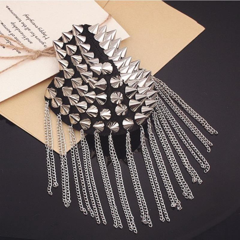 1Pc Punk Skirt Silver Rivet Tassel Necklace Epaulet Shoulder Flap Badge